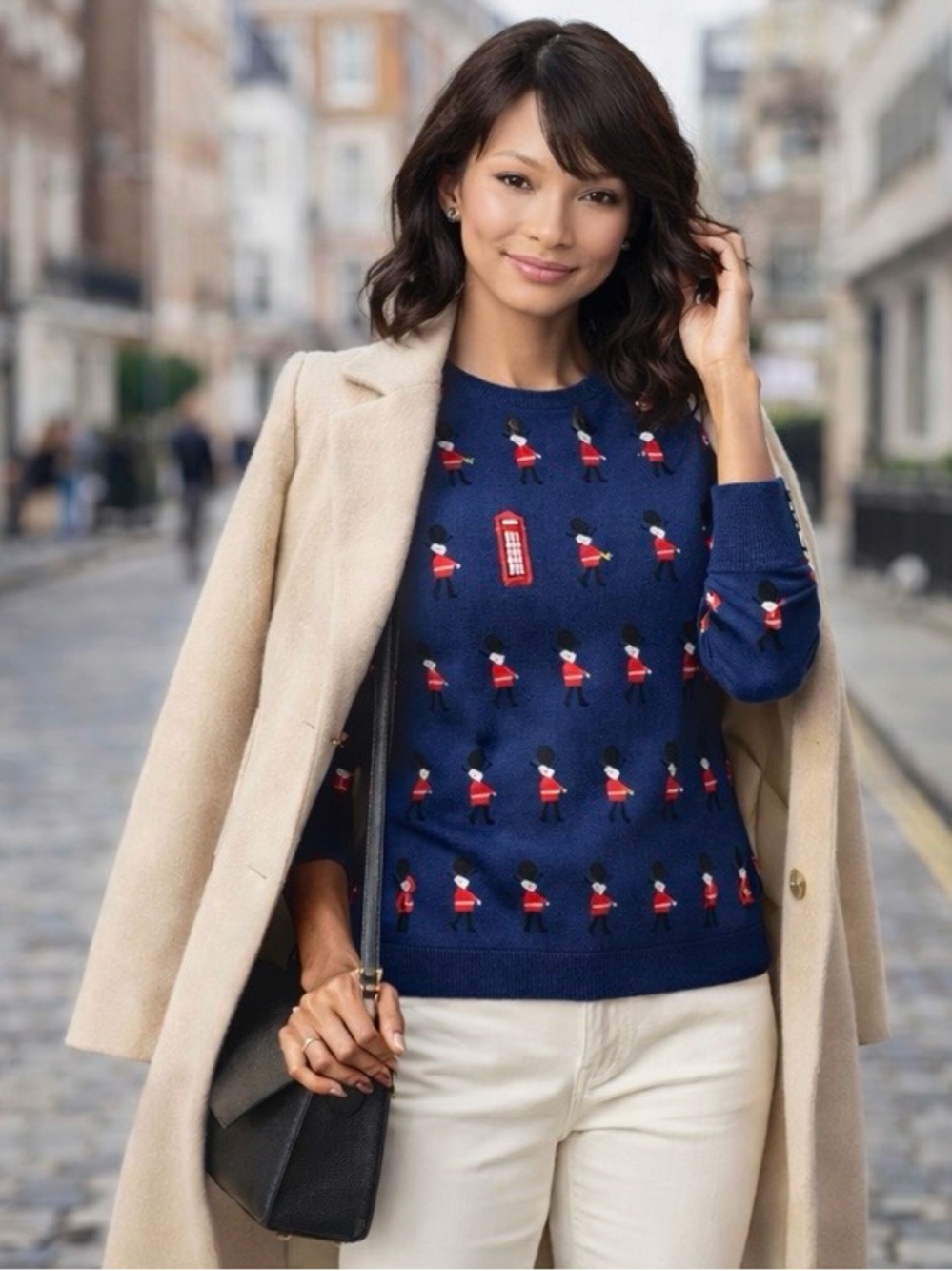 Talbots Navy Blue Crewneck Sweater with Red & White Motif